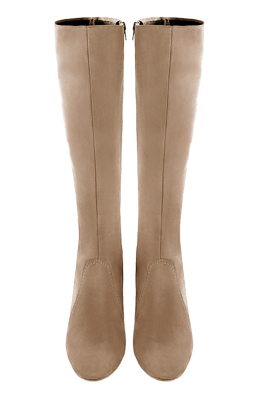 Tan beige women's feminine knee-high boots. Round toe. Medium block heels. Made to measure. Top view - Florence KOOIJMAN